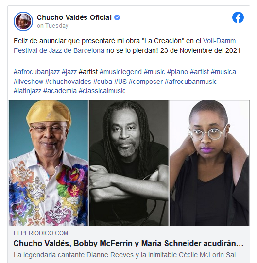 Anuncio de Chucho Valdés en Facebook