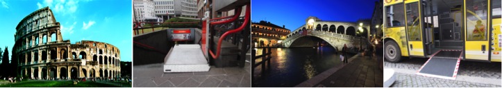 Coliseu (Roma), Ponte Rialto (Veneza), e Suporte para cadeirante nas estações de trem e em ônibus Itália sem barreiras